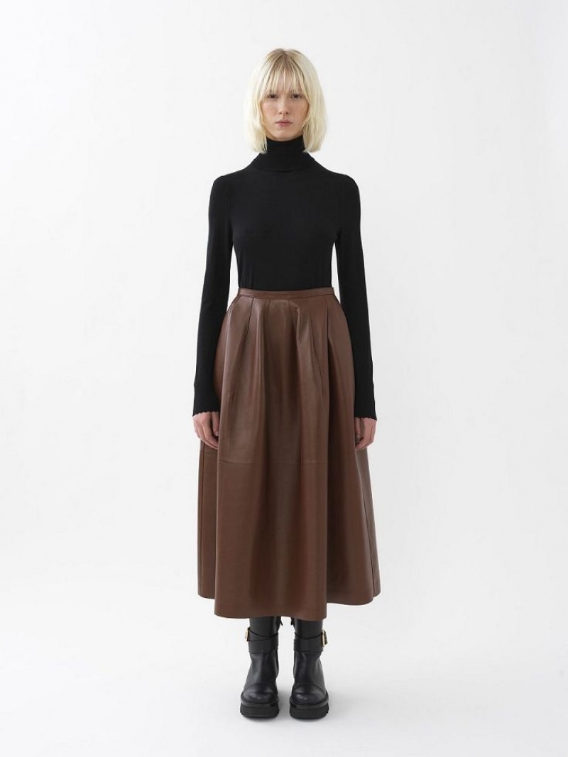 Chloe Gathered Mid-length Skirt Leather Kaffee | CHE-SR14116