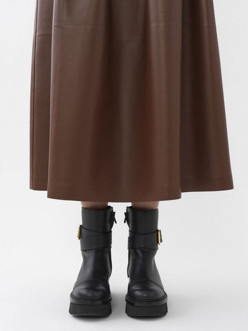 Chloe Gathered Mid-length Skirt Leather Kaffee | CHE-SR14116