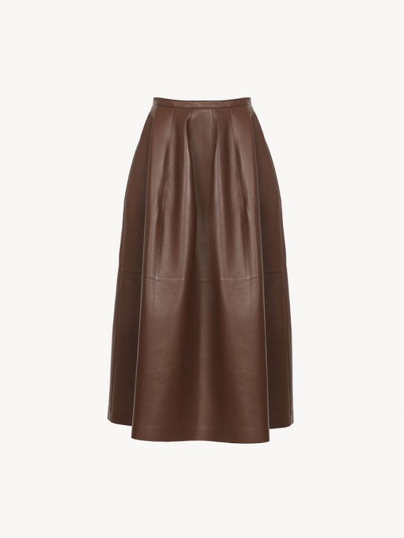 Chloe Gathered Mid-length Skirt Leather Kaffee | CHE-SR14116