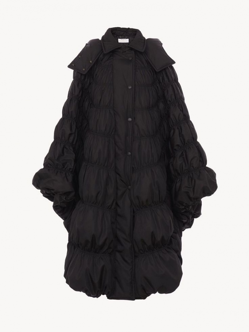 Chloe Ruched Puffer Cape Mäntel Schwarz | CHE-SR13815